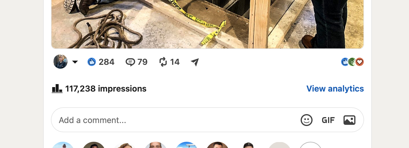 LinkedIn post engagement bar showing 284 reactions, 79 comments, 14 reposts, and 117,238 impressions.