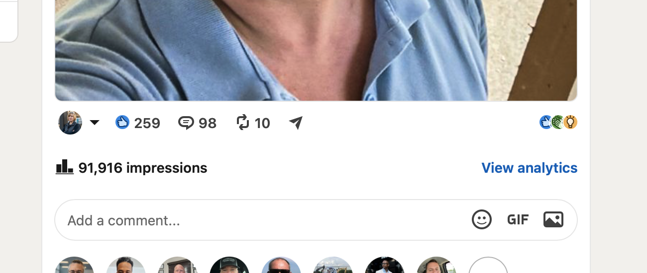 LinkedIn post engagement bar showing 259 reactions, 98 comments, 10 reposts, and 91,916 impressions.